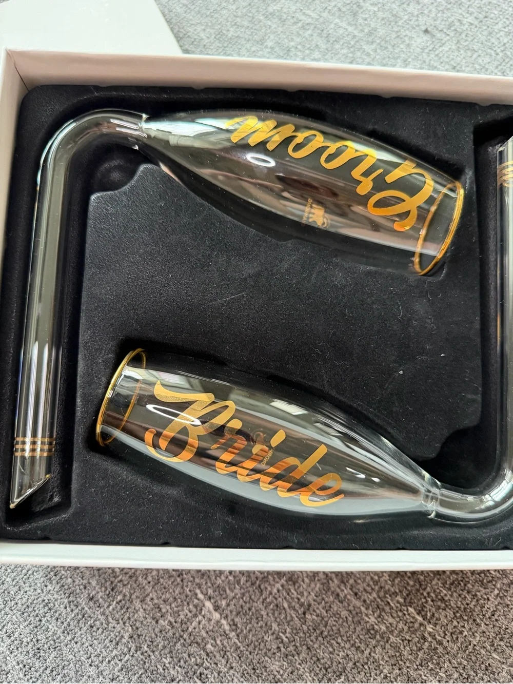 CHAMBONG - Bride & Groom Glass Champagne Flutes Shooters with gold accents